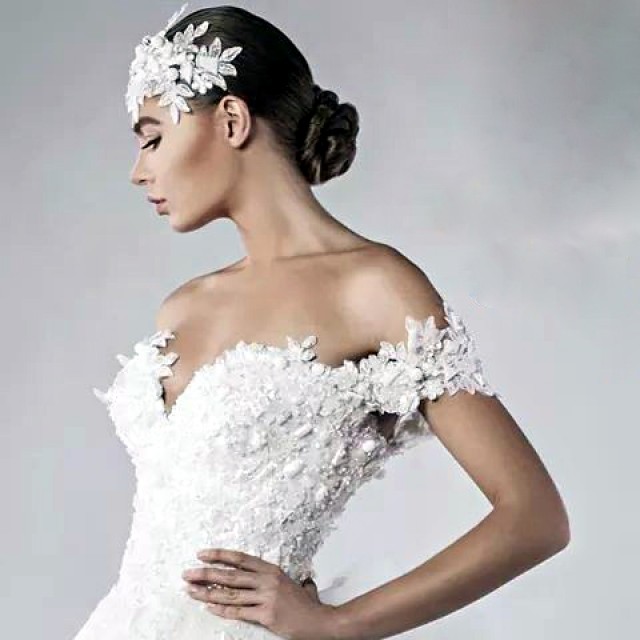 Ball Gown, Low Shoulder and Pearls - Crystal Stones on Wedding Dress M-1628