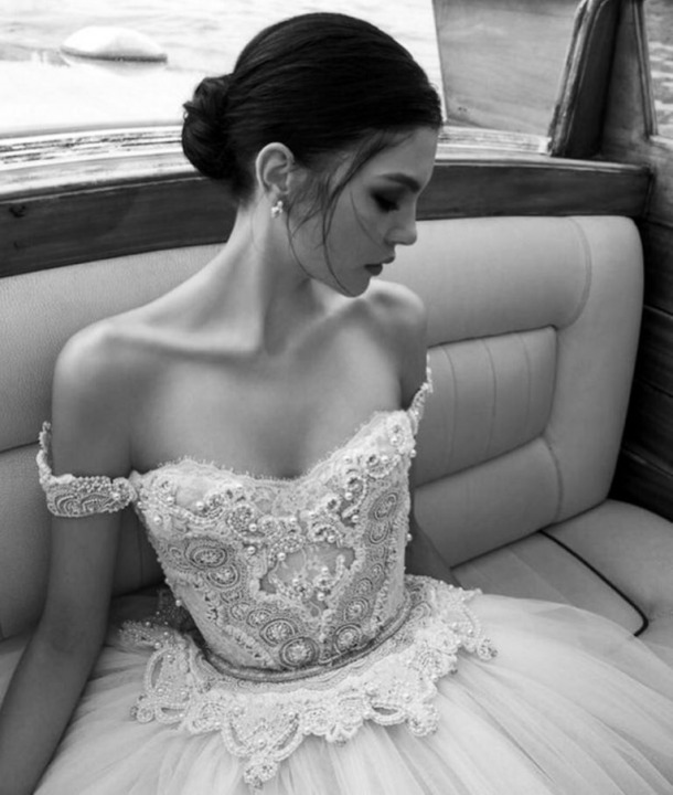 Ball Gown, Low Shoulder, Best and Pearls - Crystal Stones on Wedding Dress M-1656