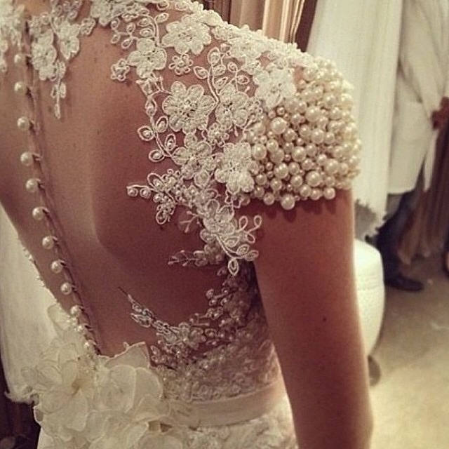 Lace, Backless, Lace Back, V Back, Back Details and Pearls - Crystal Stones on Wedding Dress M-1681