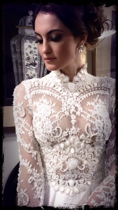 Sleeves, Lace and Pearls - Crystal Stones on Wedding Dress M-1708
