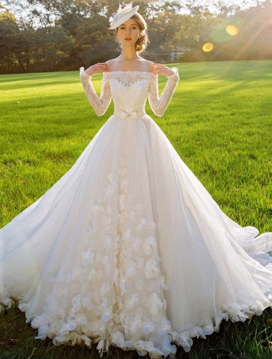 Ball Gown, Sleeves and Fluffy Wedding Dress M-1885