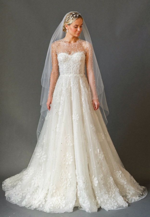 A-Line, Veil and Illusion - Sheer Wedding Dress M-2034