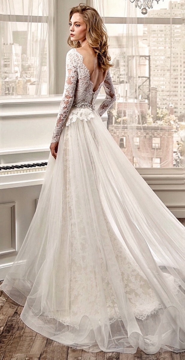 Tulle, Sleeves, Lace and Backless, Lace Back, V Back, Back Details Wedding Dress M-2086