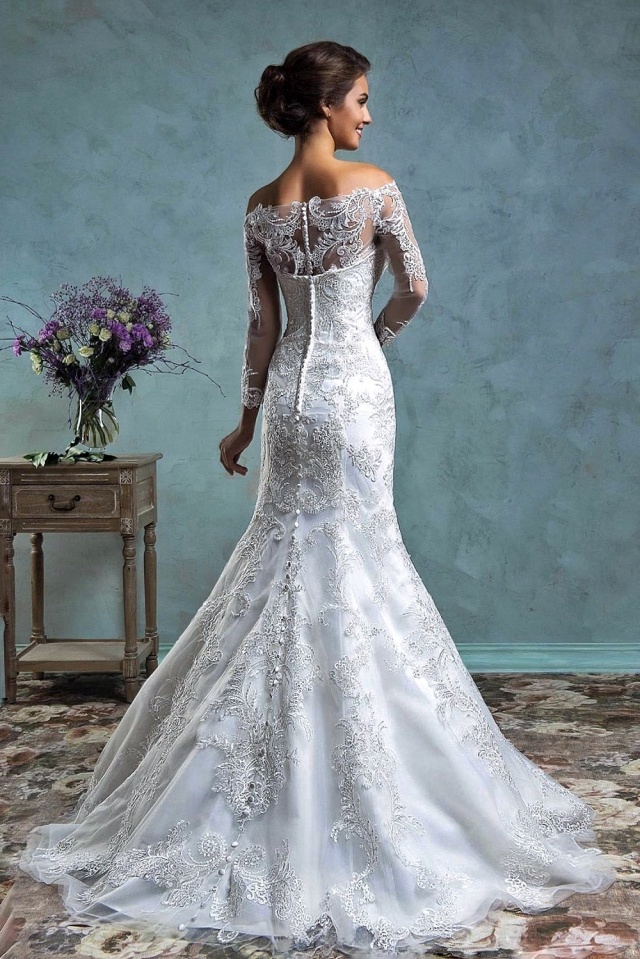 Backless, Lace Back, V Back, Back Details, Lace, Best and Sleeves Wedding Dress M-2223