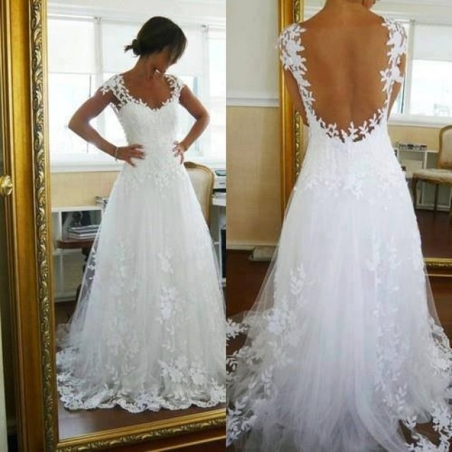 A-Line, Sweetheart, Lace, Backless, Lace Back, V Back, Back Details and Say Yes To The Dress Wedding Dress M-481