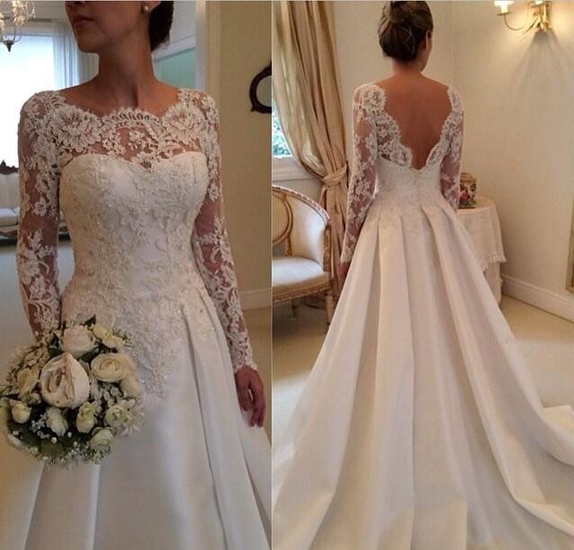 A-Line, Sleeves and Backless, Lace Back, V Back, Back Details Wedding Dress M-1100